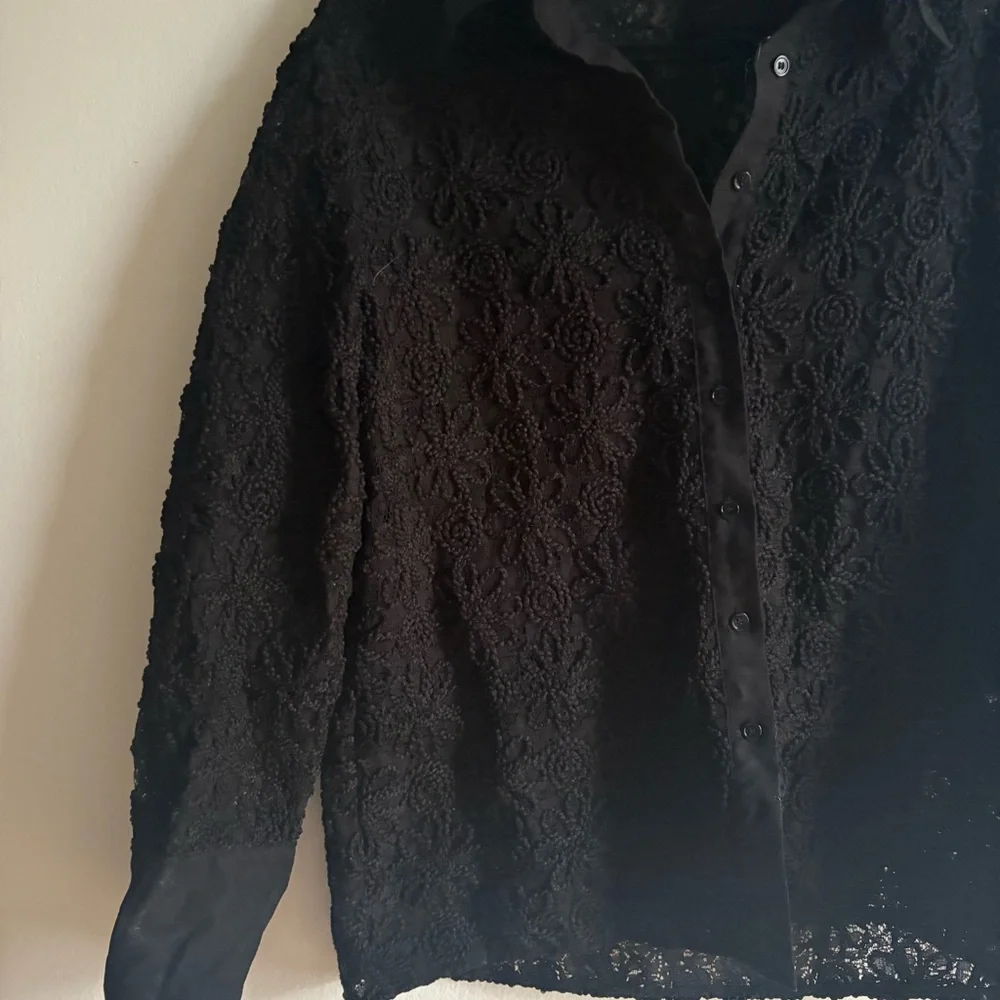 Zara Sz L Black Lace 3 D Semi Sheer Button Front Elegant Blouse - Picture 5 of 9